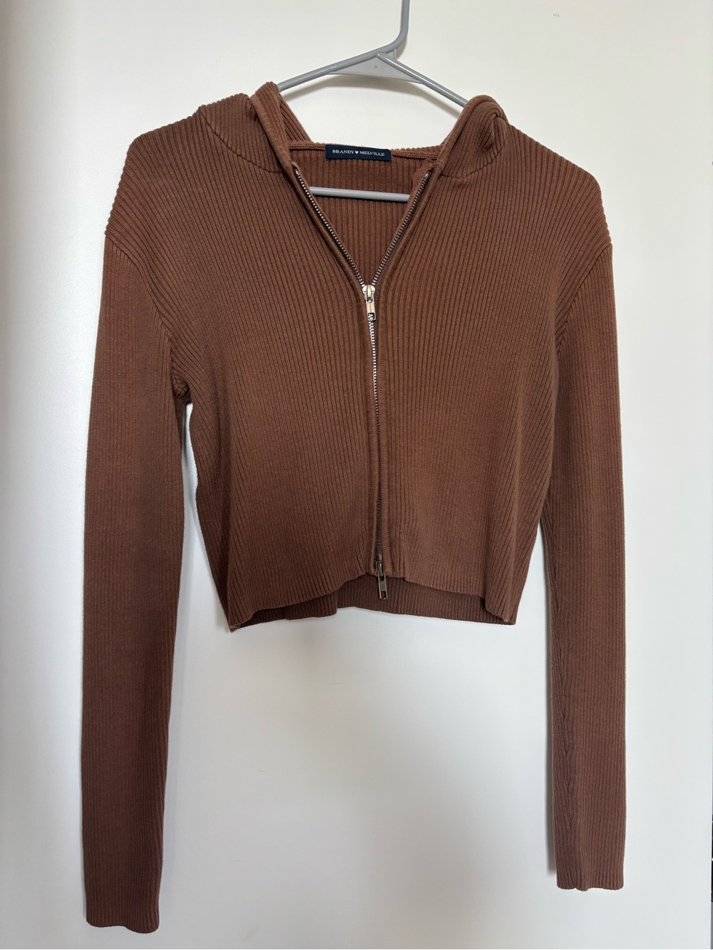 Brandy Melville Cropped Brown Ribbed Zip-Up Hoodie